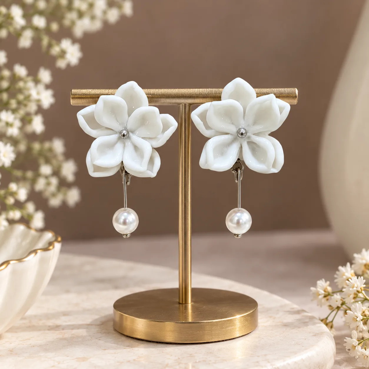 Handcrafted Elegant White Floral Clay Earrings