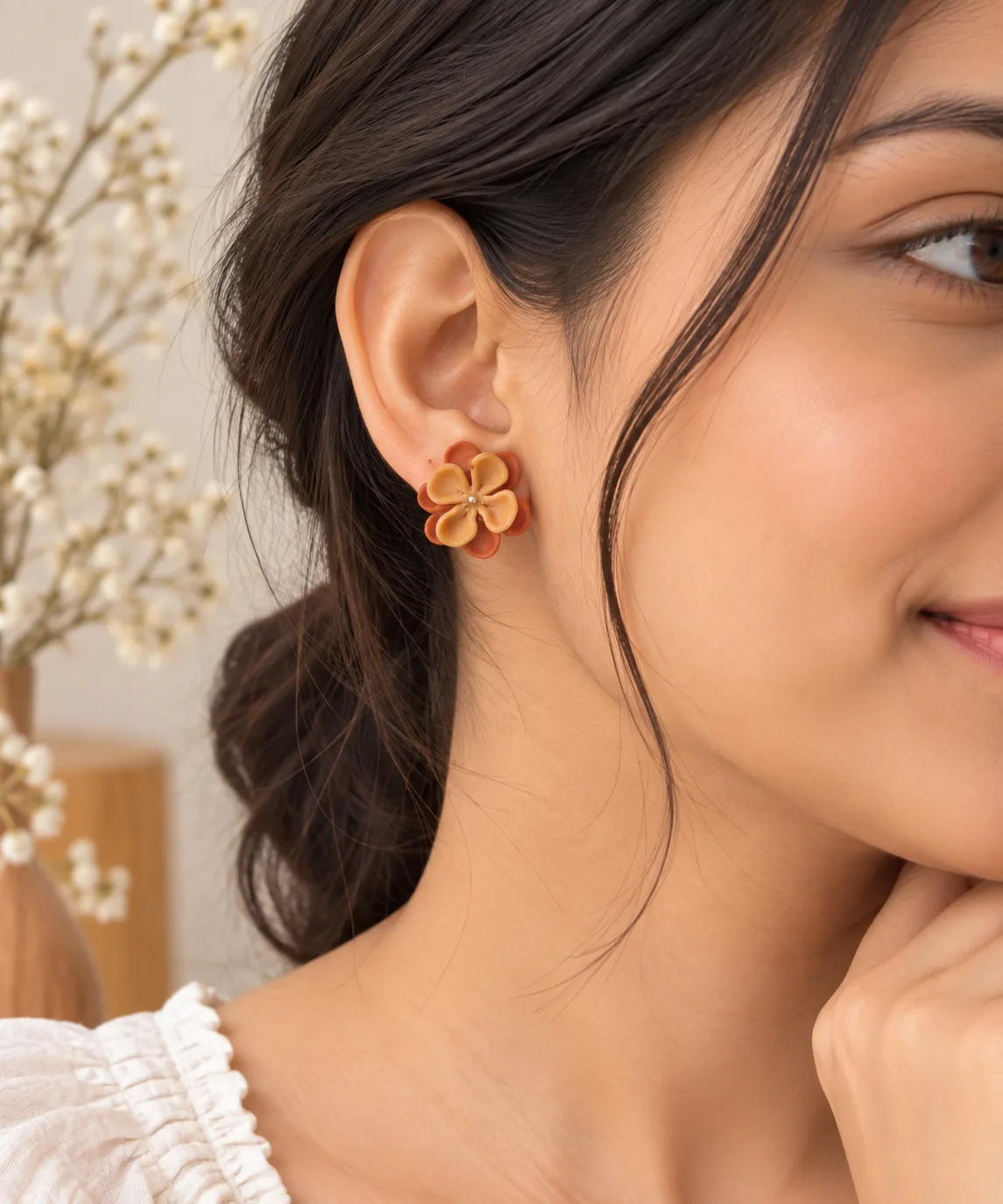 Handcrafted  Cold Porcelain Clay Floral Studs | Mocha — 2