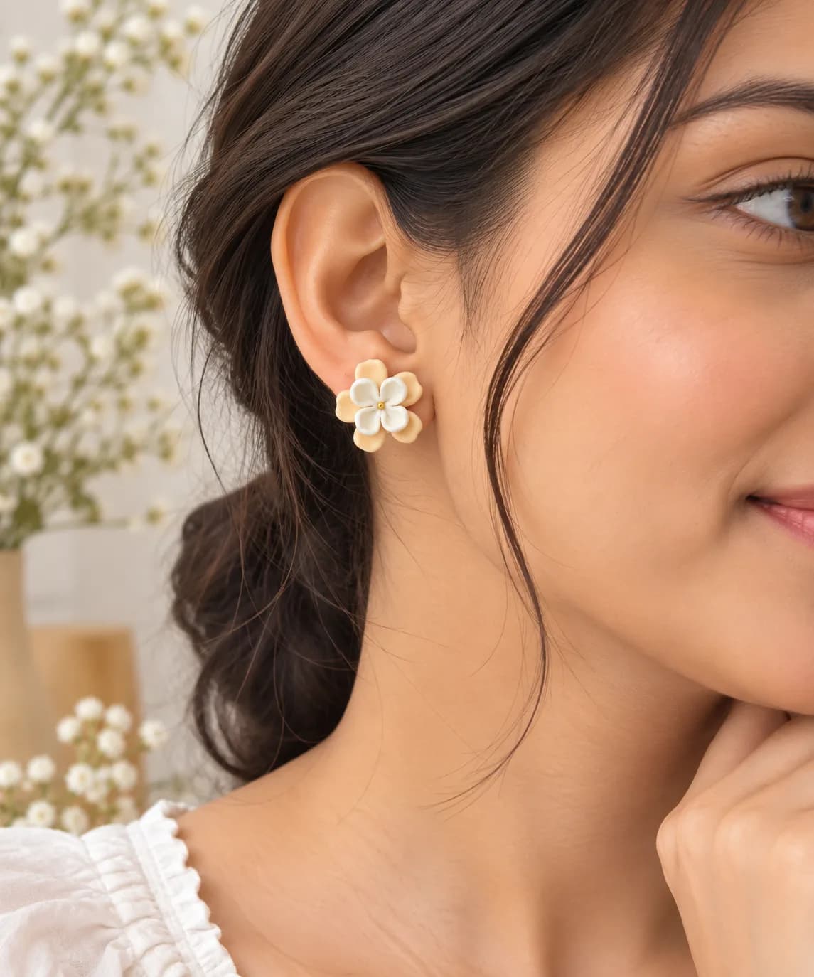 Handcrafted Cold Porcelain Floral Studs | Cream | Beige — 2