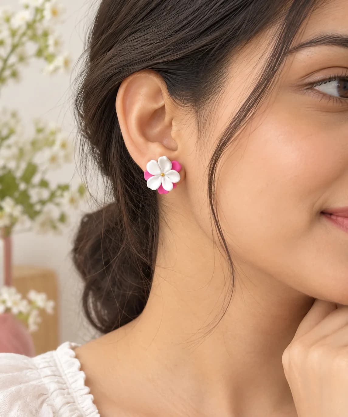 Handcrafted Cold Porcelain Clay Lightweight Floral Ear Studs | Madhumalati | Pink White — 2