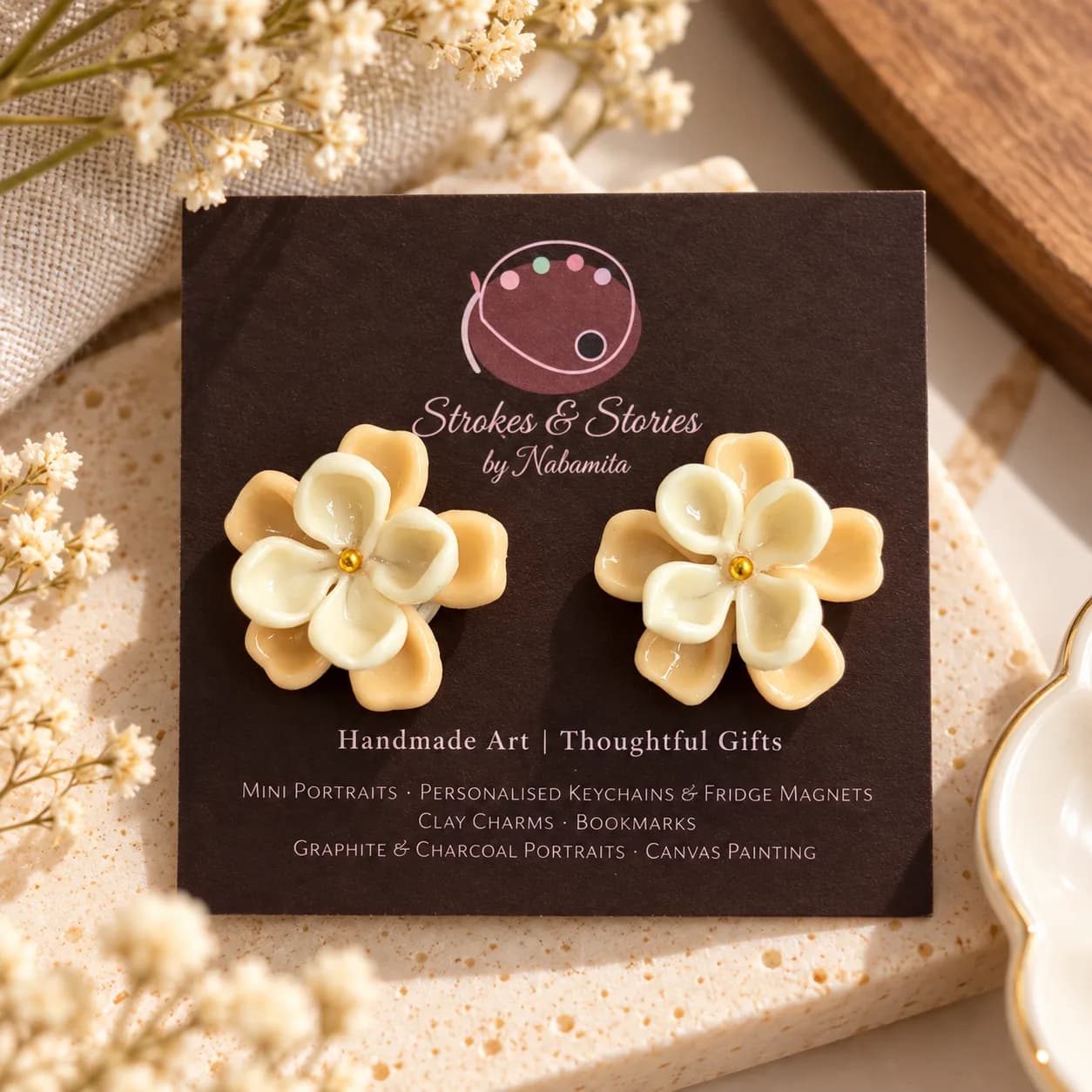 Handcrafted Cold Porcelain Floral Studs | Cream | Beige