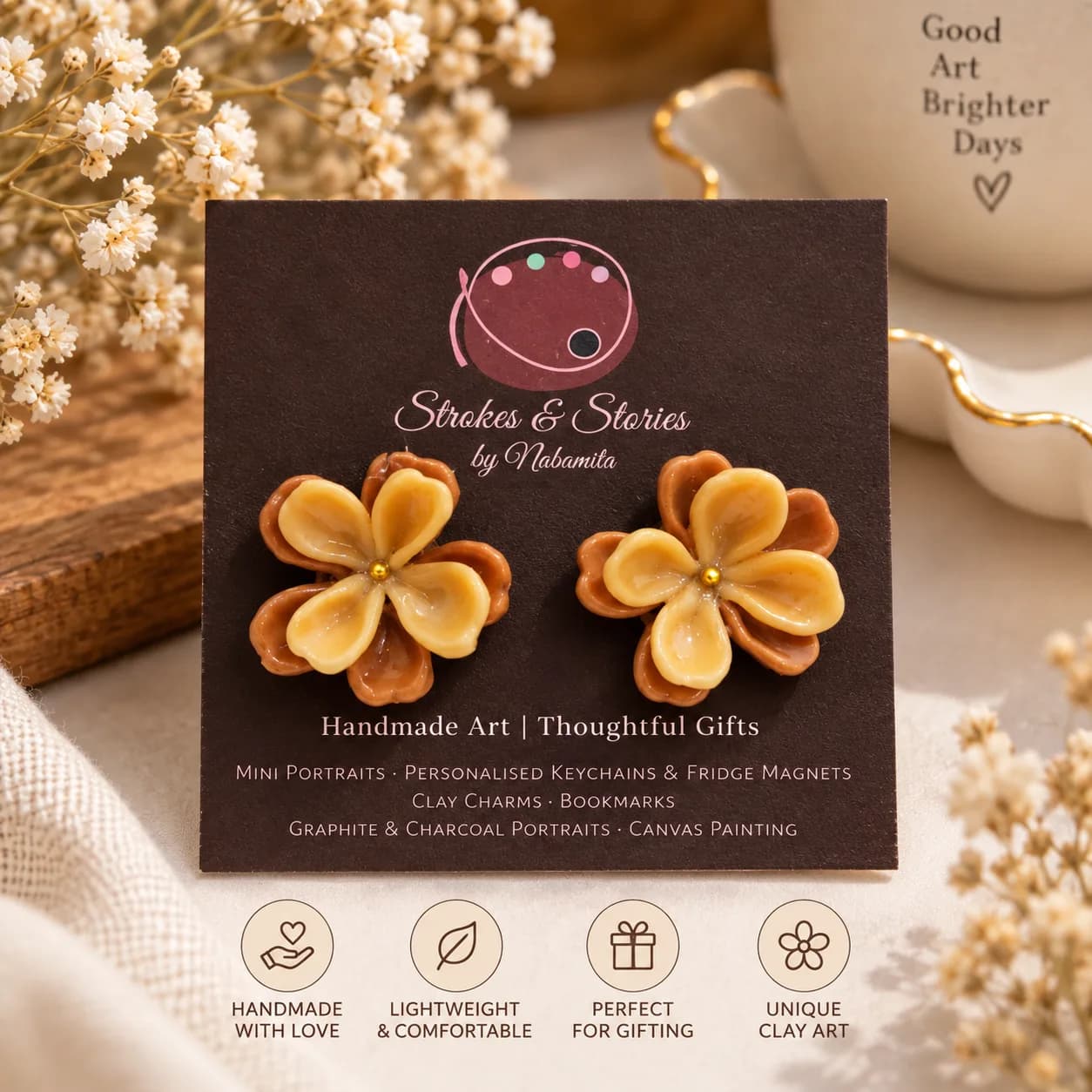 Handcrafted  Cold Porcelain Clay Floral Studs | Mocha