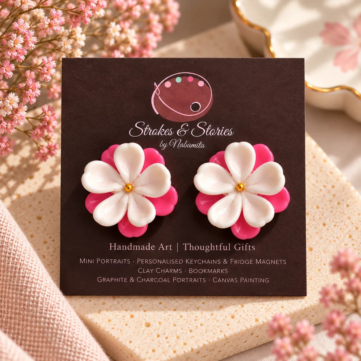 Handcrafted Cold Porcelain Clay Lightweight Floral Ear Studs | Madhumalati | Pink White