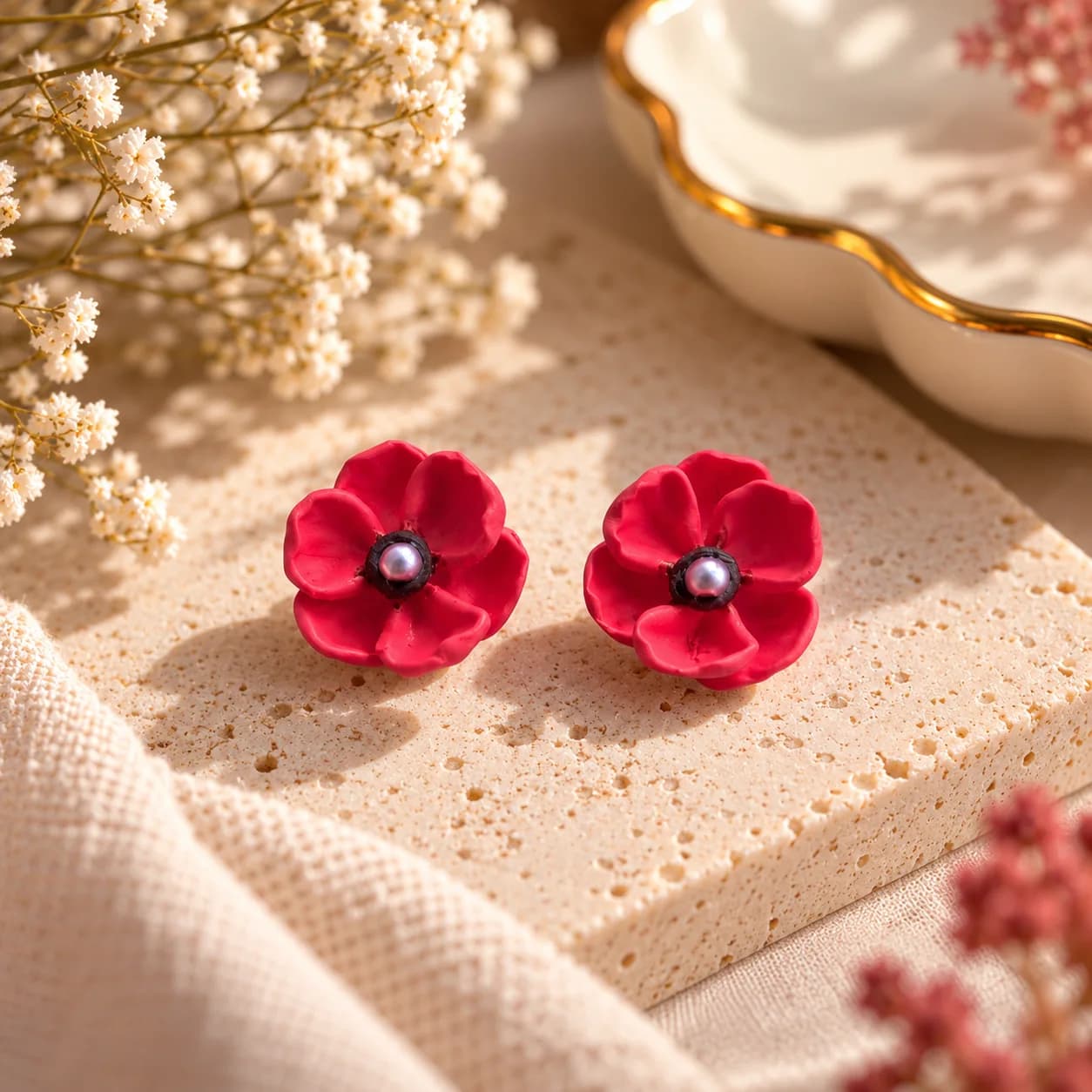 Handcrafted Lightweight Clay Red Poppy Flower Earr Studs