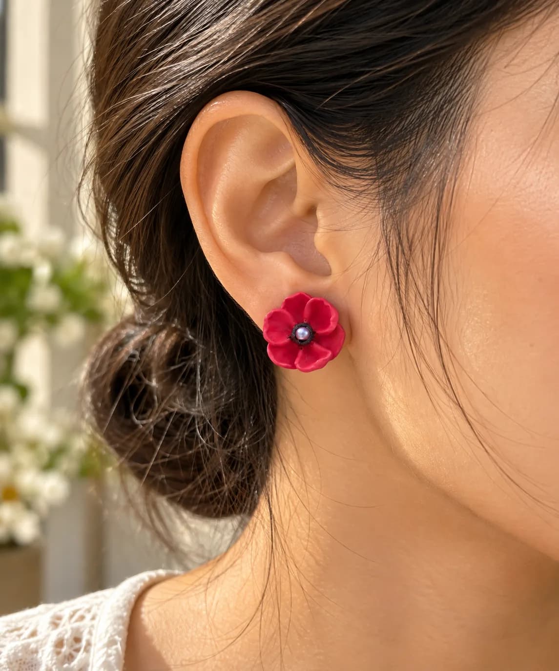 Handcrafted Lightweight Clay Red Poppy Flower Earr Studs — 2