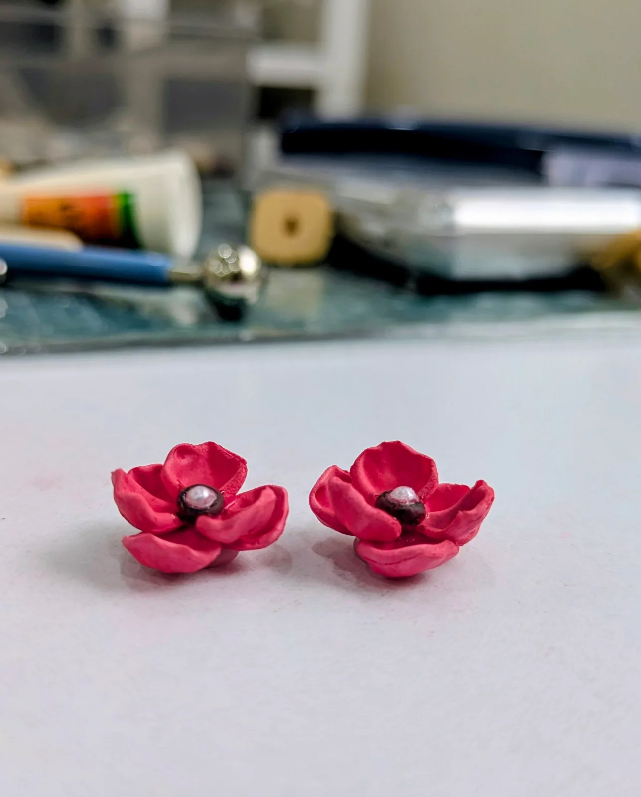 Handcrafted Lightweight Clay Red Poppy Flower Earr Studs — 3