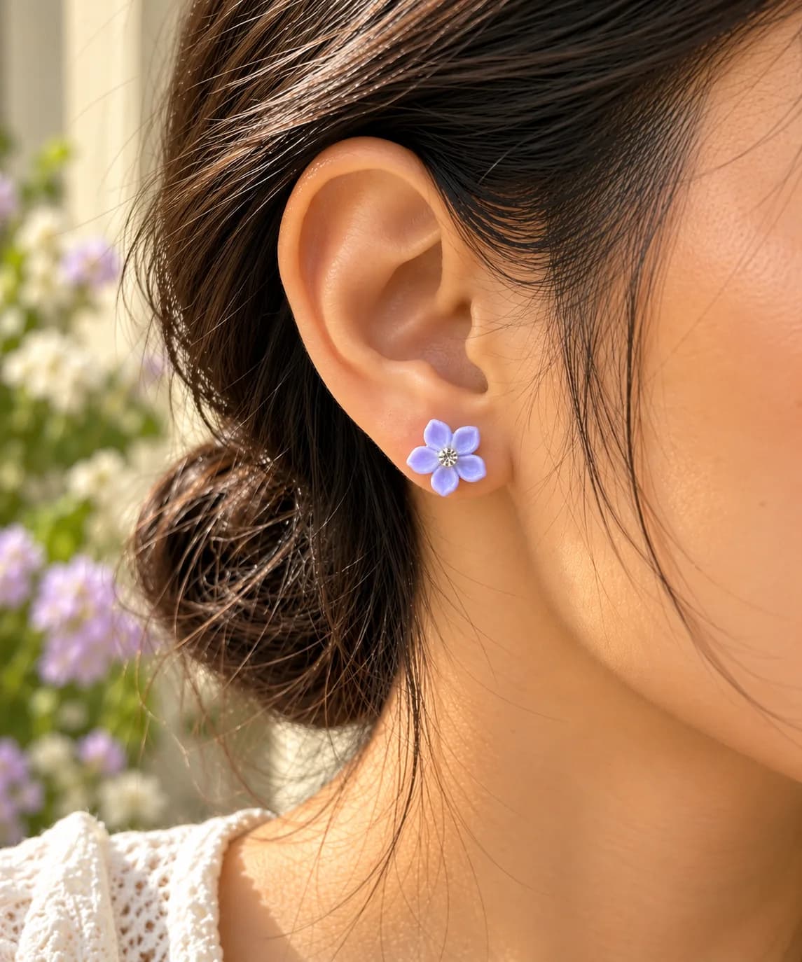 Handcrafted lightweight clay lavender / lilac mini floral stud — 2